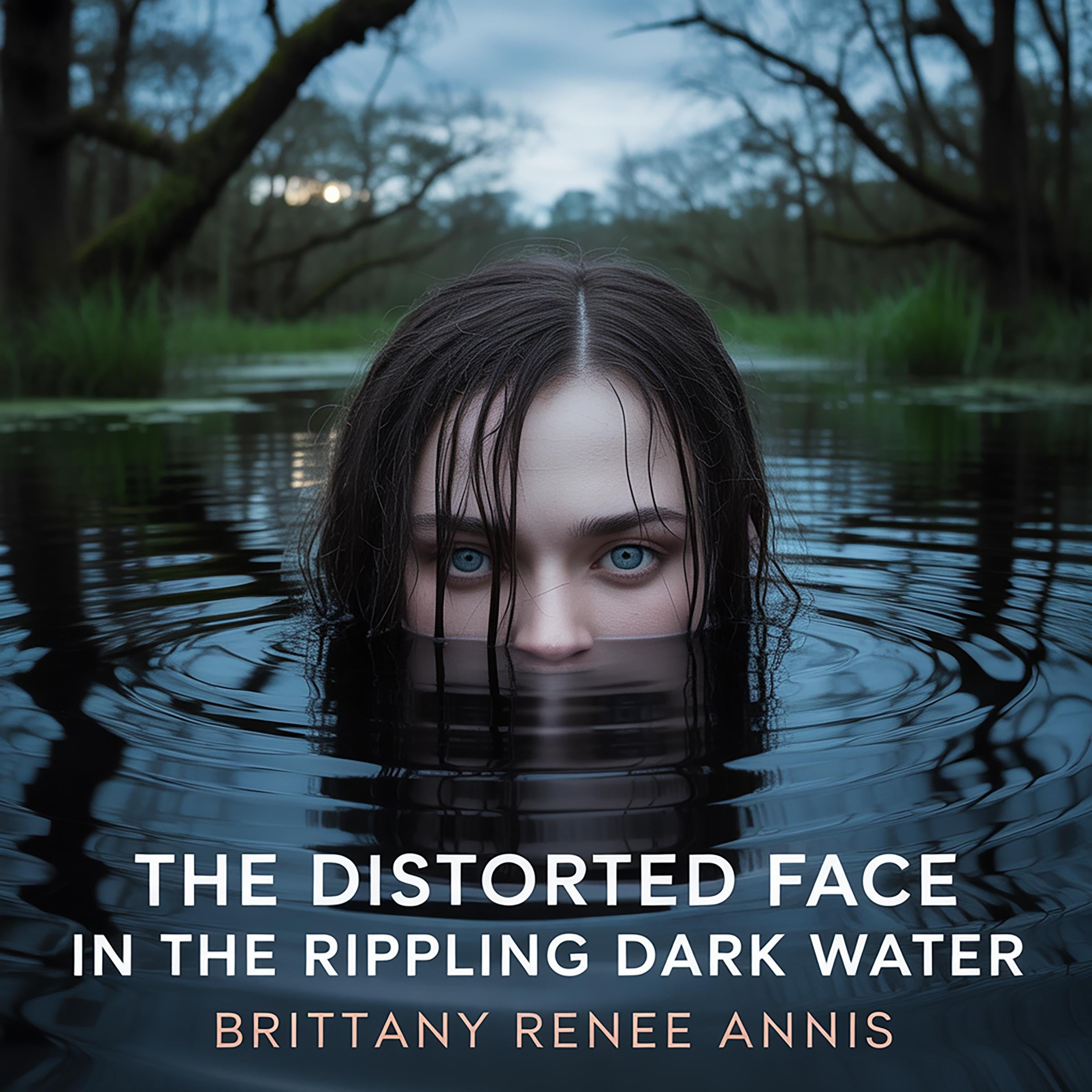 The distorted face in the rippling dark water