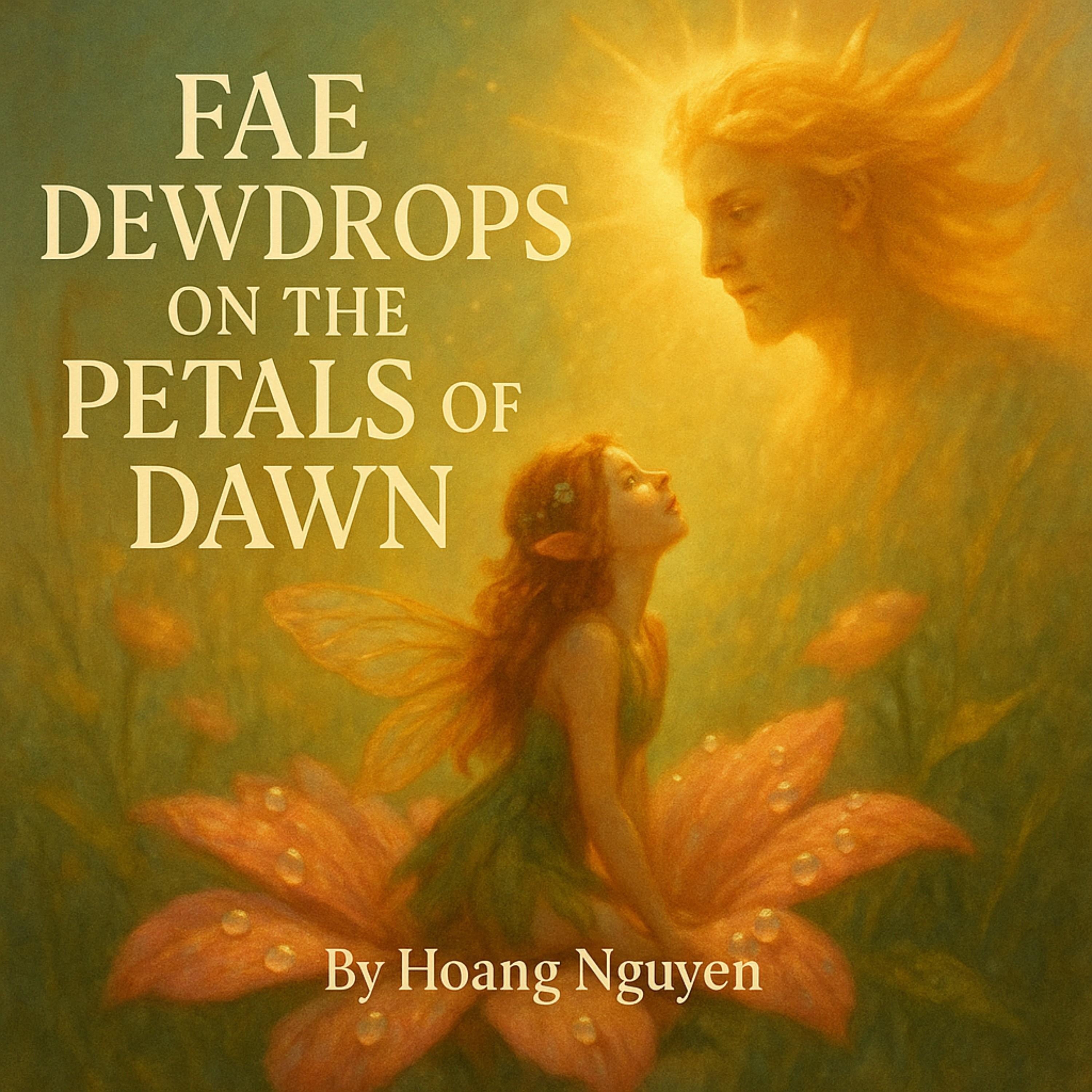 Fae Dewdrops on the Petals of Dawn: A Flower Sprite's Awakening to the Sun God's Gentle Rays